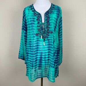 Soft Surroundings Tunic Top Womens Petite Medium Green Blue Beaded Tie Dye Sheer